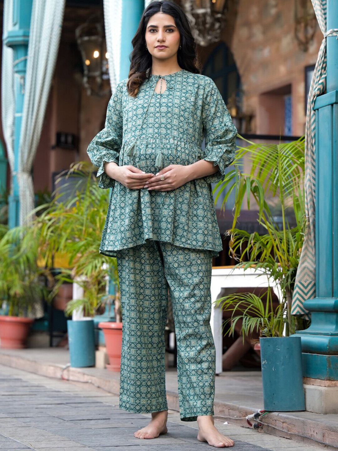 

Aujjessa Women Printed Maternity Feeding Night Suit, Olive