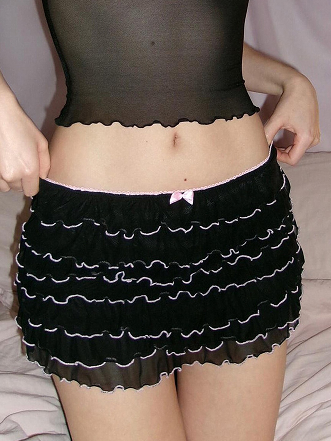 

LULU & SKY Overlock-Trim Tiered Mini Skirt, Black