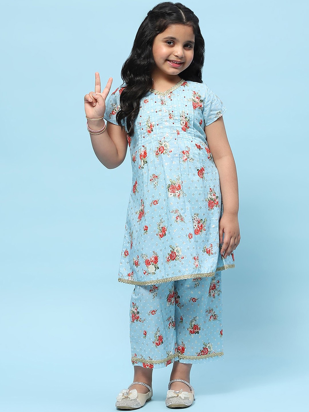 

Biba Girls Floral Printed Zari Pure Cotton A-Line Kurta With Trouser, Blue