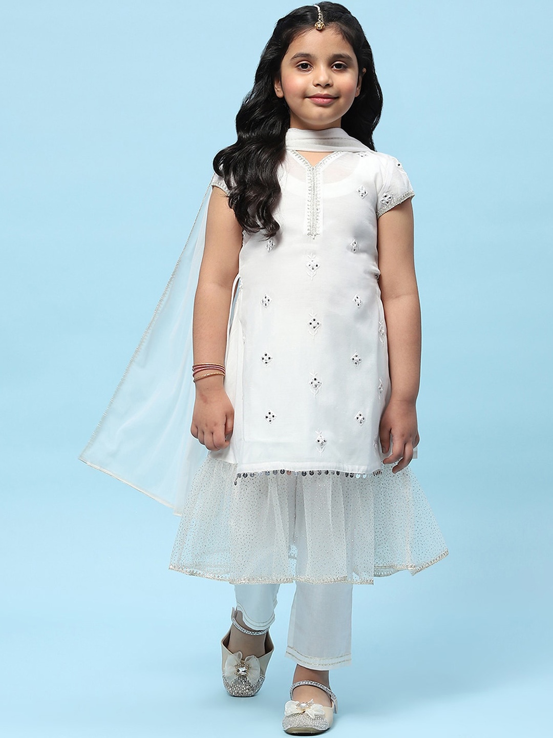 

Biba Girls Floral Regular Mirror Work Pure Cotton Anarkali Kurta with Palazzos & Dupatta, White