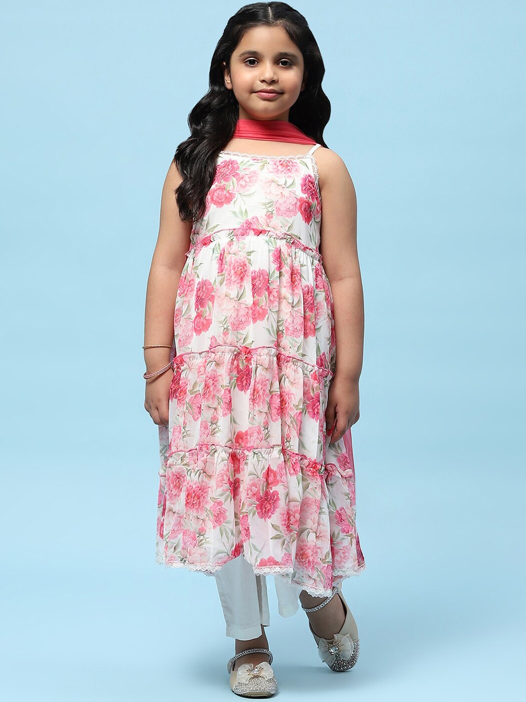 

Biba Girls Floral Printed Tiered Pure Cotton Kurta With Palazzos & Dupatta, Off white