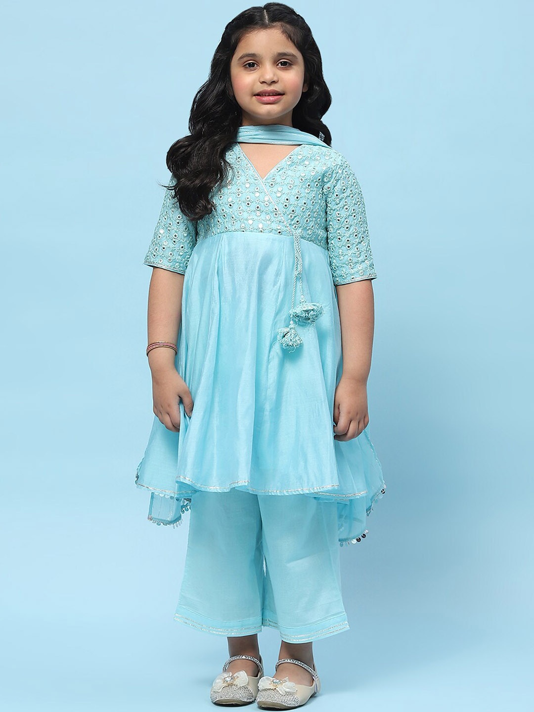 

Biba Girls Floral Yoke Design Empire Sequinned Anarkali Kurta with Palazzos & Dupatta, Blue