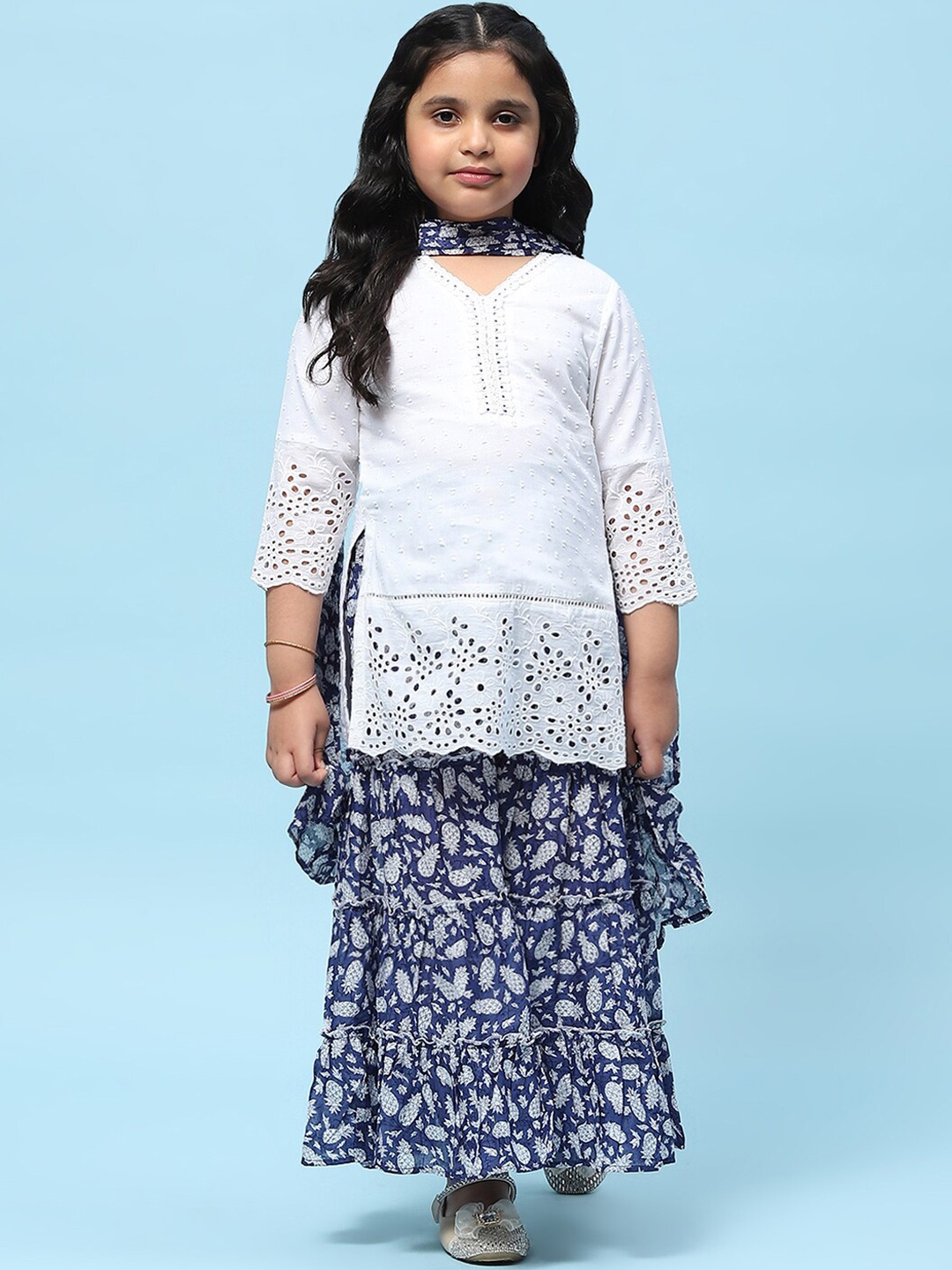 

Biba Girls Self Design Pure Cotton Straight Kurta With Sharara & Dupatta, White