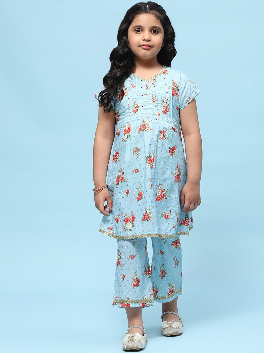 

Biba Girls V-Neck Floral Printed Pleated Pure Cotton A-Line Kurta with Trousers, Blue