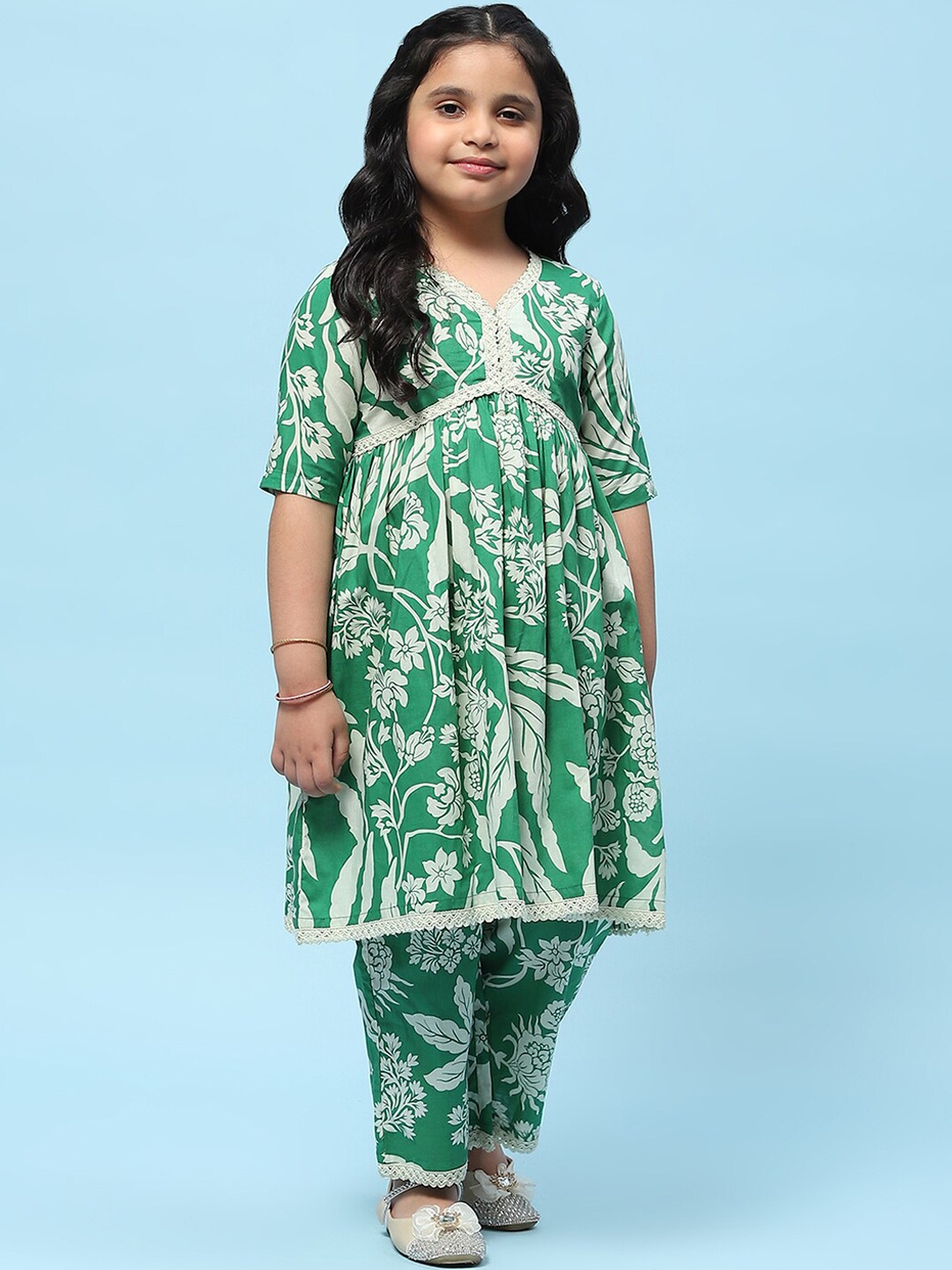 

Biba Girls Floral Printed Empire Pure Cotton Anarkali Kurta With Trouser, Green
