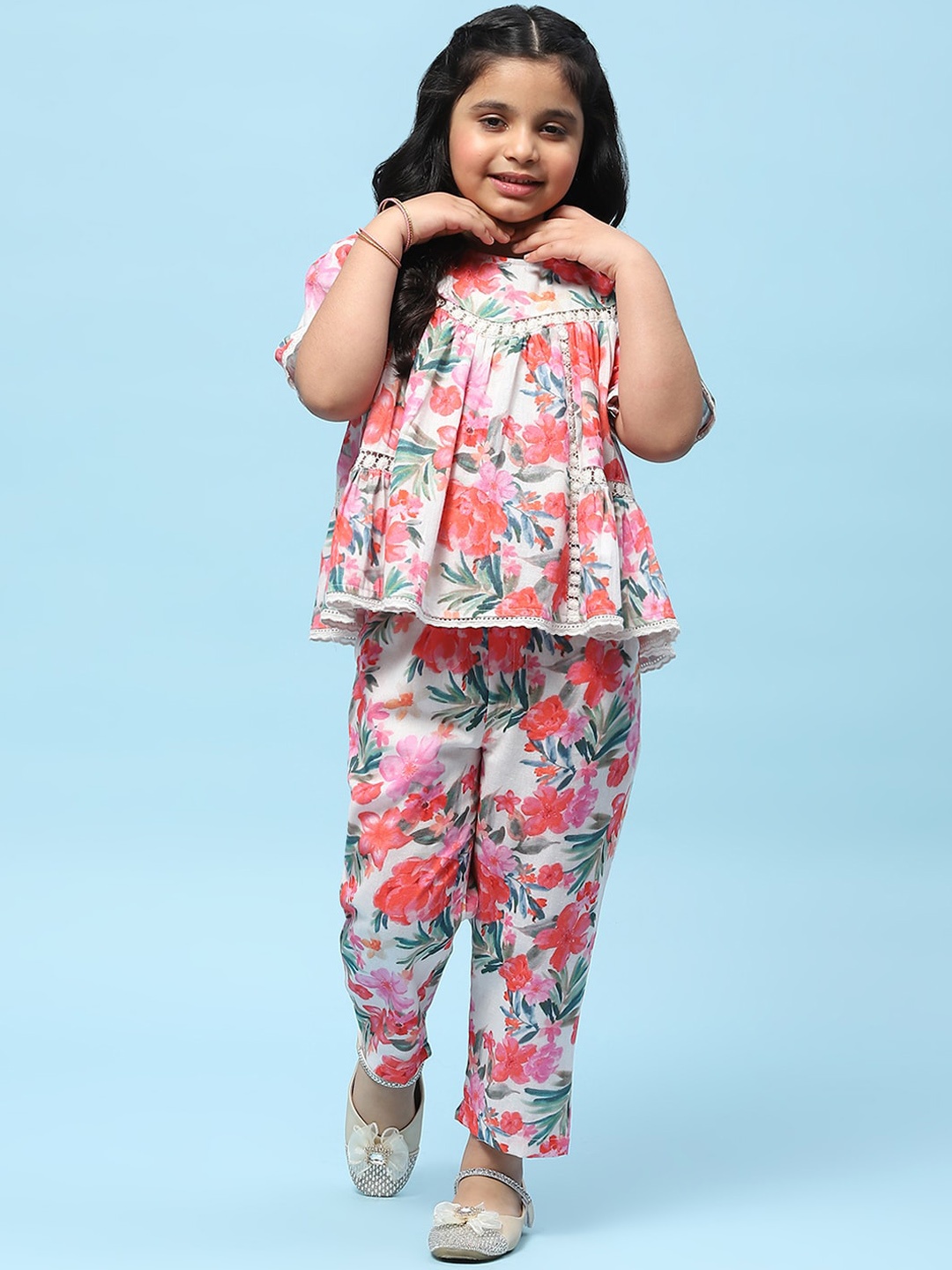 

Biba Girls Floral Printed Pure Cotton Kurti With Trouser, Off white