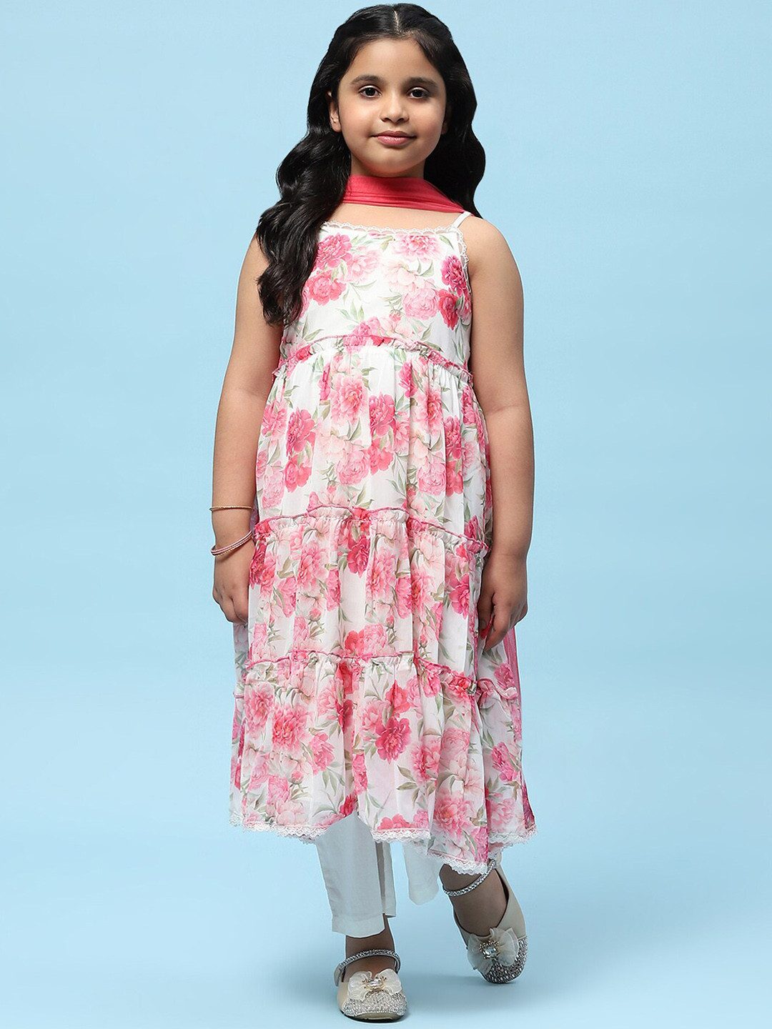 

Biba Girls Floral Printed Tiered Thread Work Pure Cotton Kurta With Trouser & Dupatta, Off white