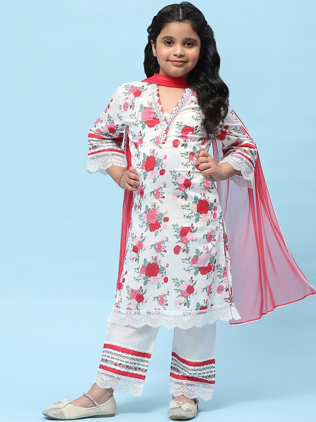 

Biba Girls V-Neck Floral Printed Regular Pure Cotton Kurta with Palazzos & Dupatta, White