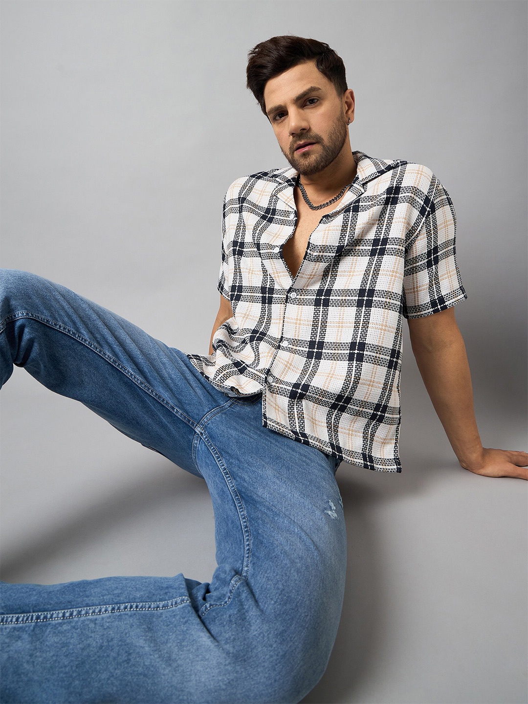 

Club York Opaque Tartan Checked Cotton Casual Shirt, White