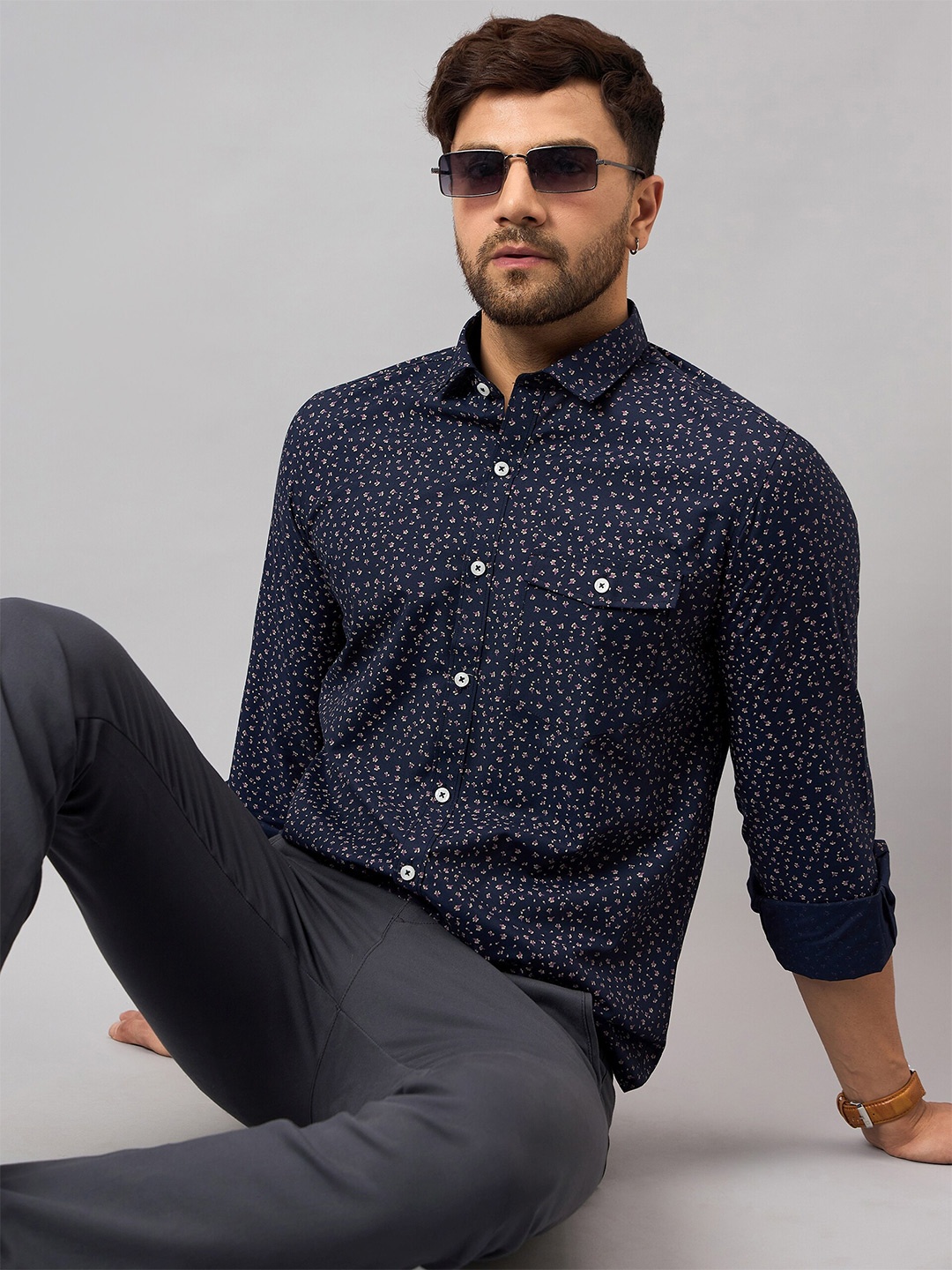 

Club York Opaque Floral Printed Cotton Casual Shirt, Navy blue