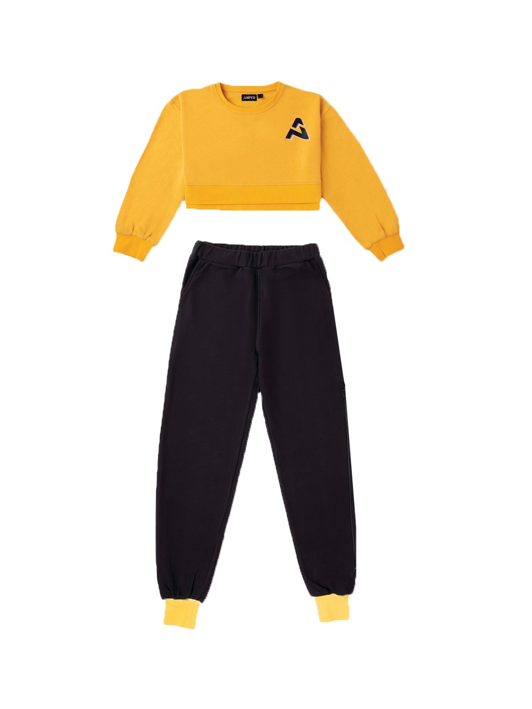 

AMPED Girls Pure Cotton Round Neck Crop Top With Joggers, Yellow
