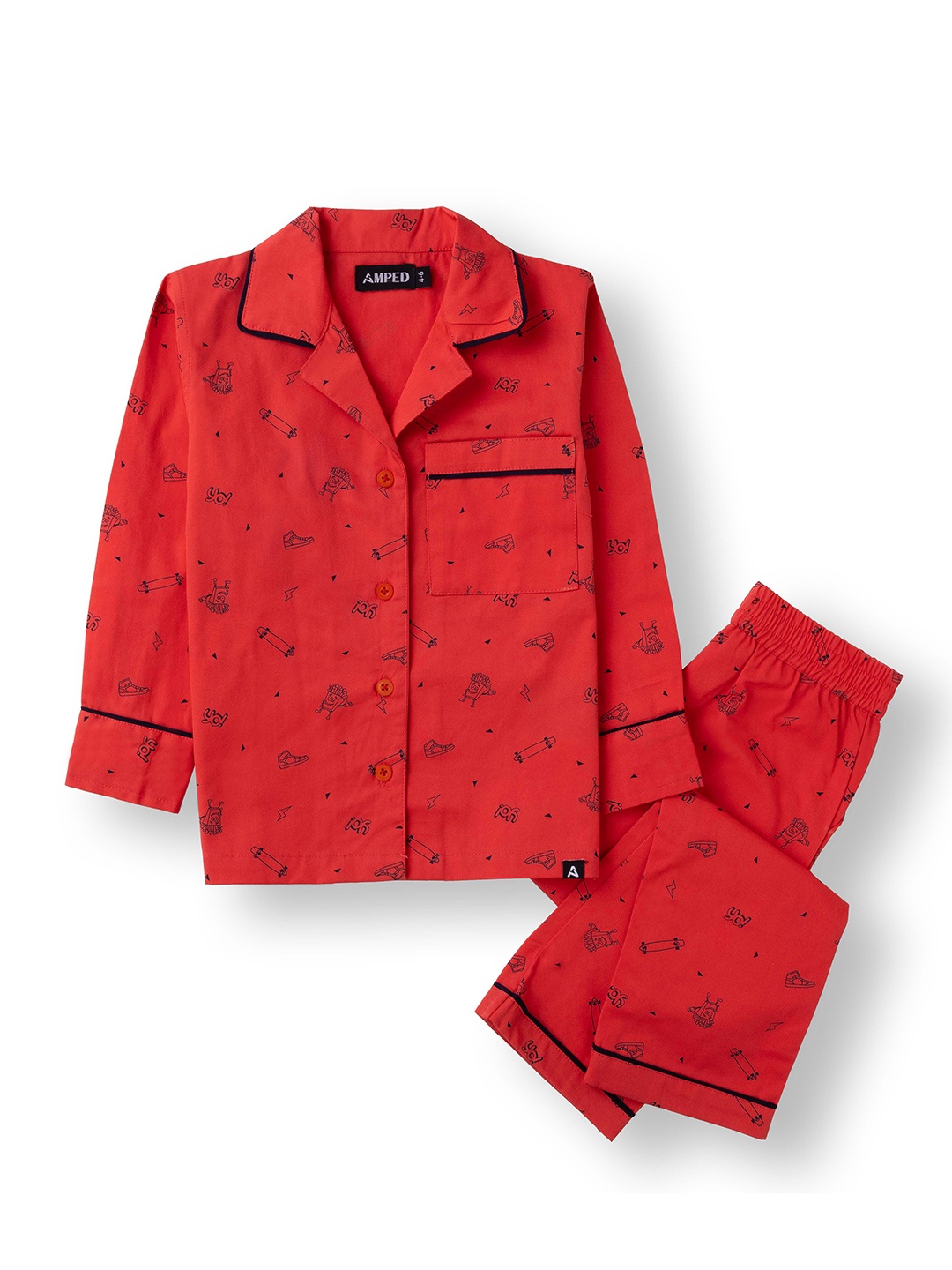 

AMPED Kids Skate Printed Pure Cotton Night Suit, Red
