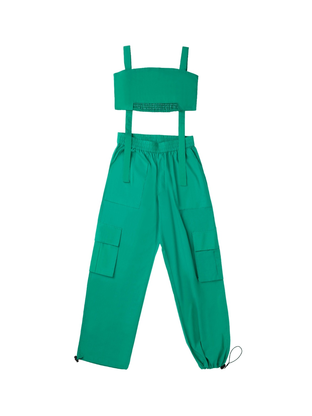 

AMPED Girl Pure Cotton Shoulder Strap Top With Trouser, Green