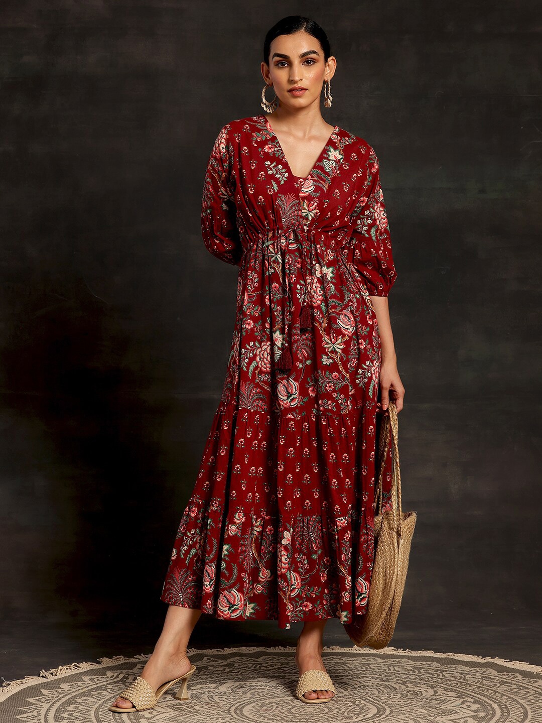 

Libas Ethnic Motifs Printed V-Neck Cuffed Sleeves Tiered Detail Cotton Maxi Dress, Maroon