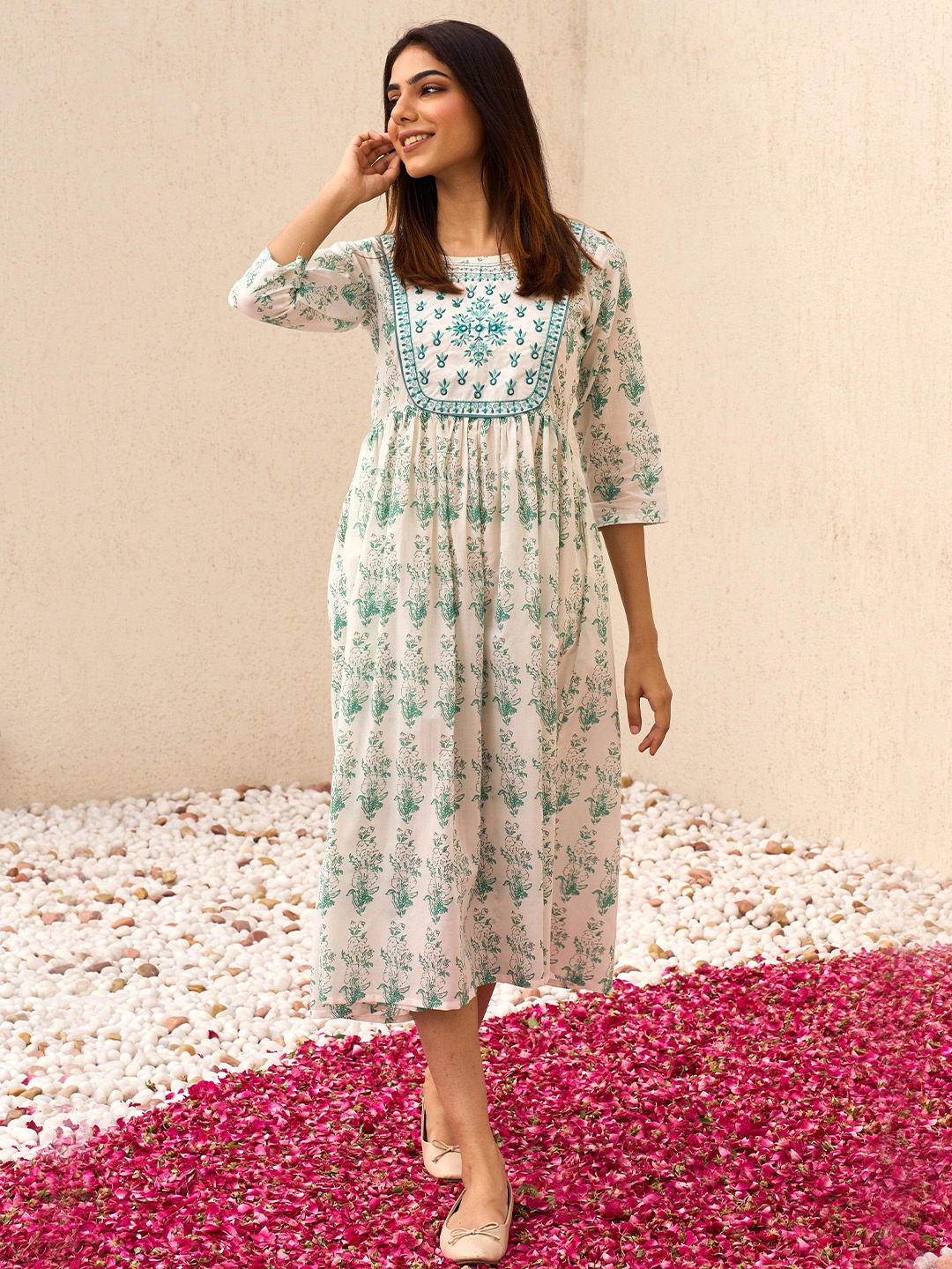 

Libas Floral Printed Embroidered Cotton A-Line Midi Dress, White