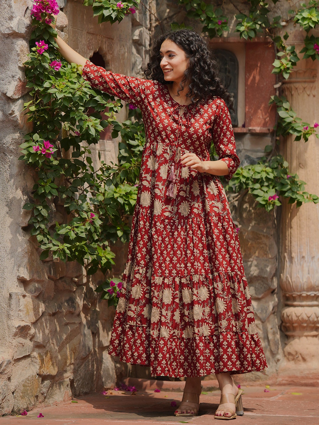 

Libas Ethnic Motifs Printed Tie-Up Neck Gathered Tiered Cotton Maxi Ethnic Dress, Rust