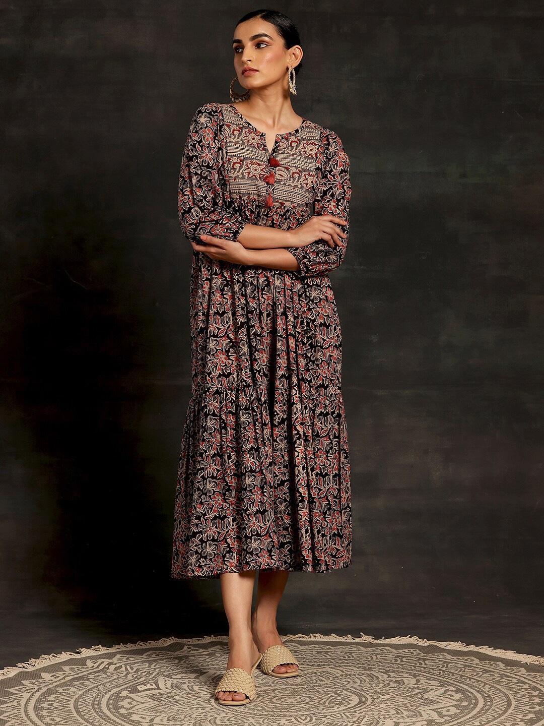 

Libas Floral Printed Notched Neck Gathered Tiered Cotton Fit & Flare Midi Ethnic Dress, Black