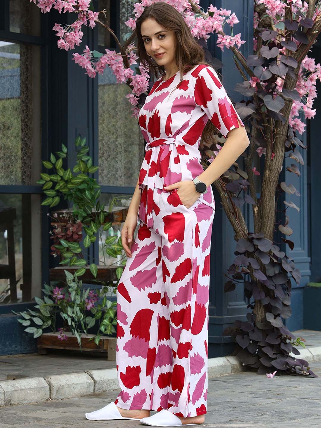 

Siya Fashion Abstract Printed Round-Neck Top With Trouser, Pink