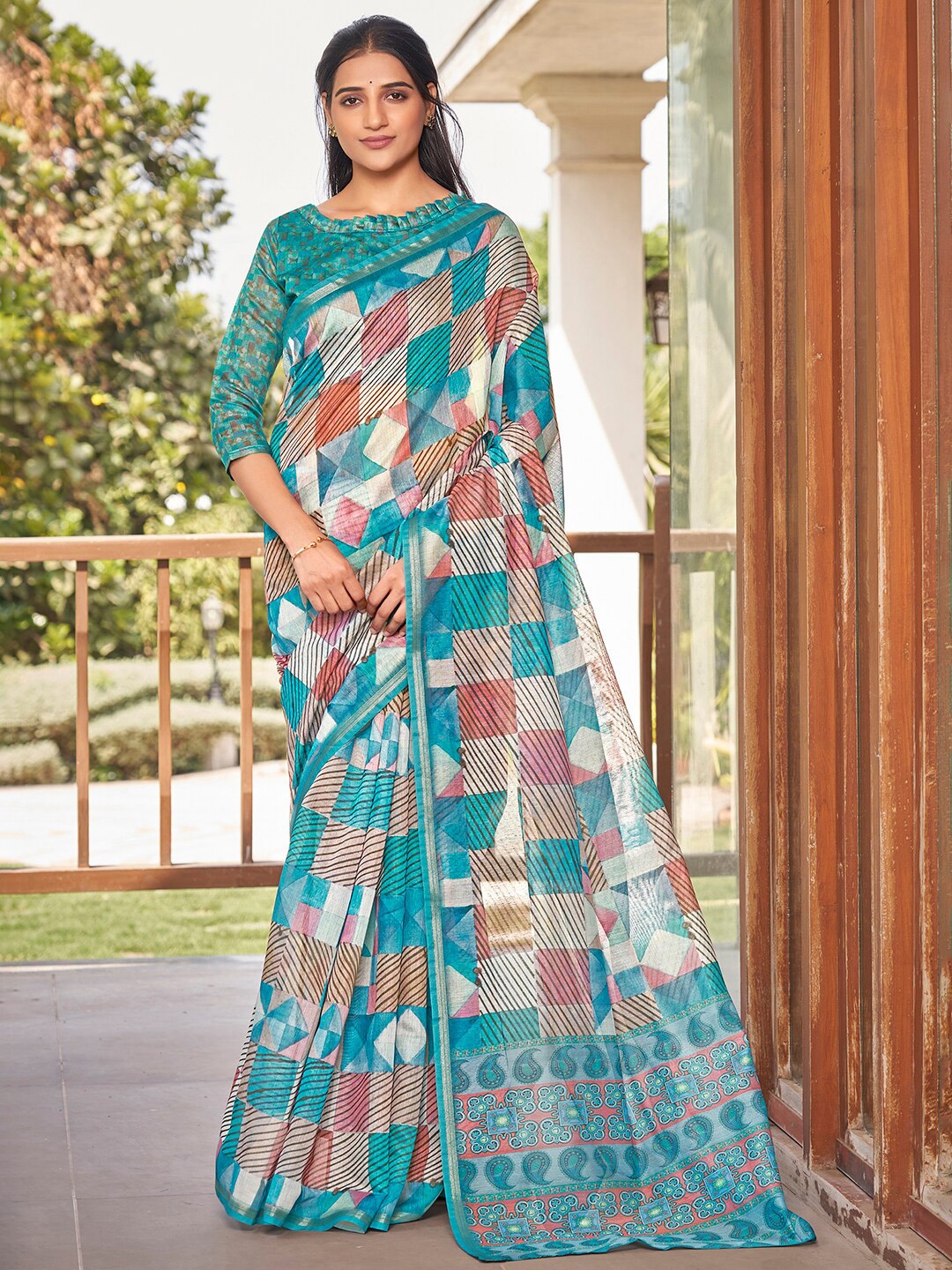

Vishudh Geometric Printed Zari Saree, Blue