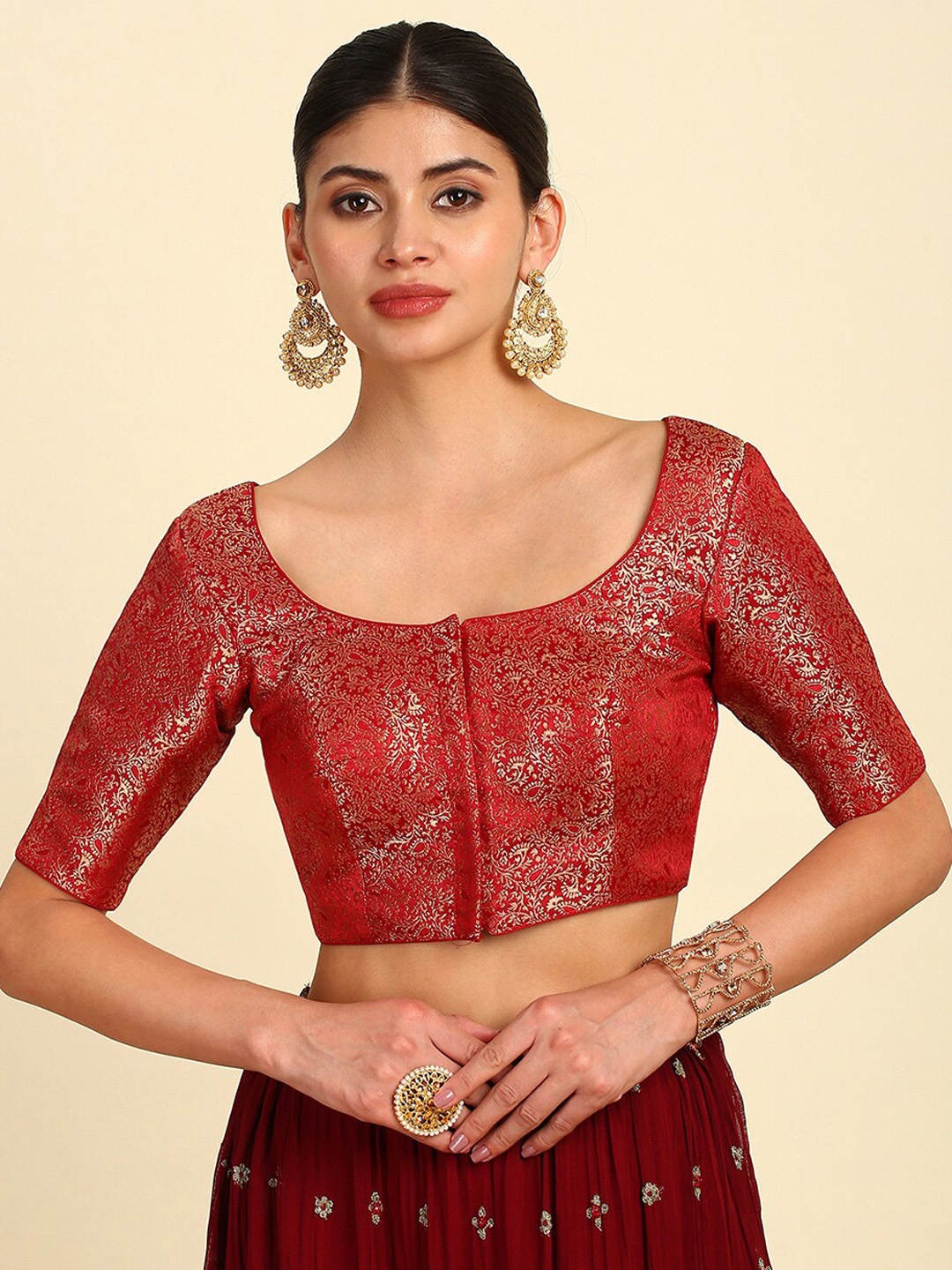 

Soch Maroon Ethnic Motifs Woven Design Saree Blouse