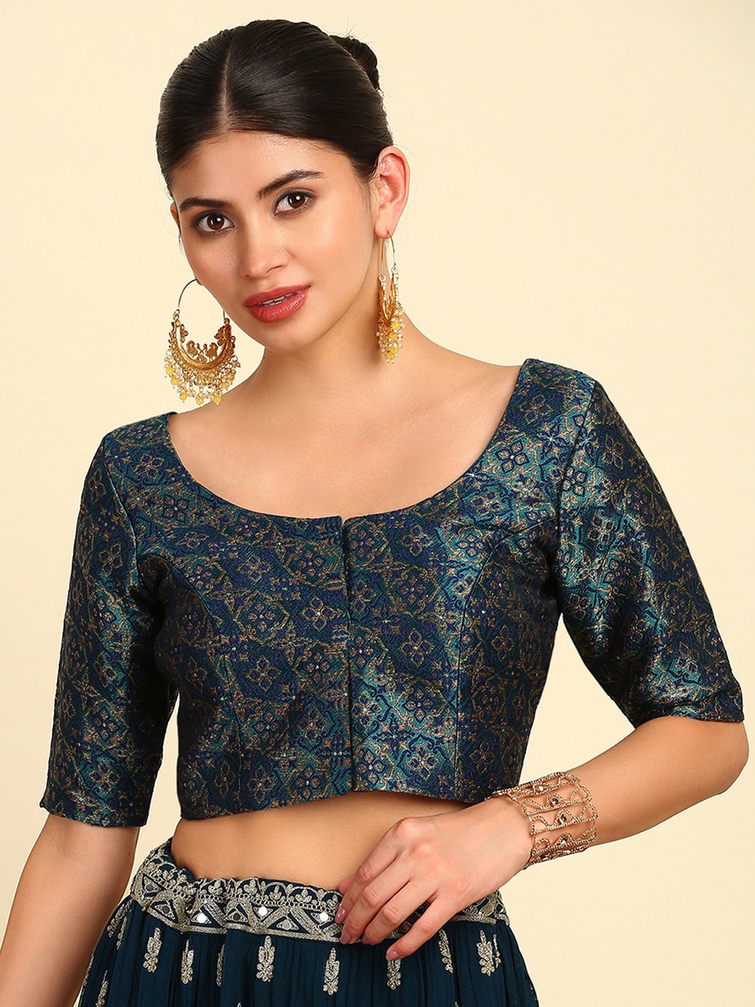 

Soch Teal Ethnic Motifs Woven Design Saree Blouse