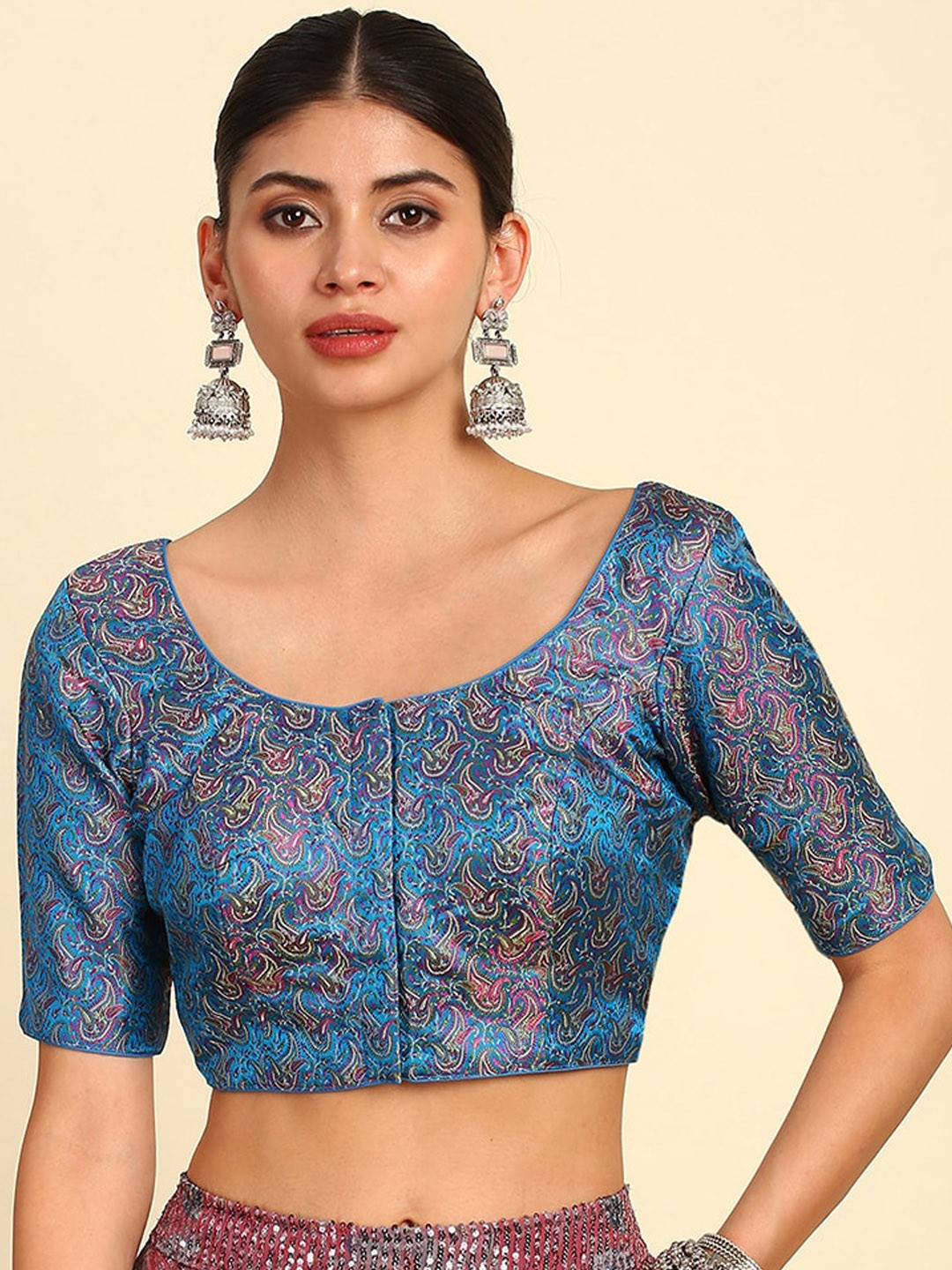 

Soch Blue Ethnic Motifs Woven-Design Saree Blouse