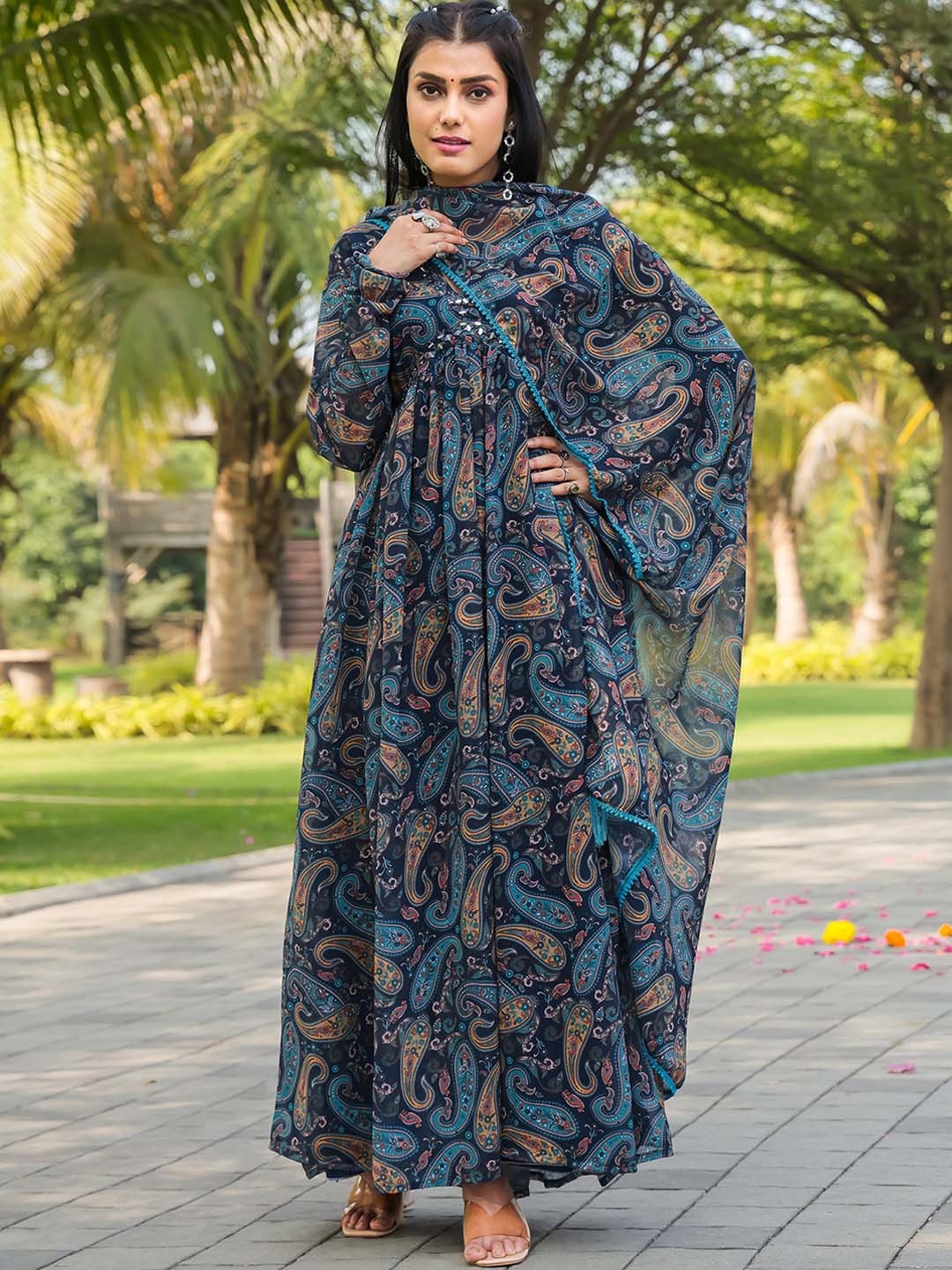 

ODETTE Paisley Printed V-Neck Long Sleeves Georgette Gown with Dupatta, Teal