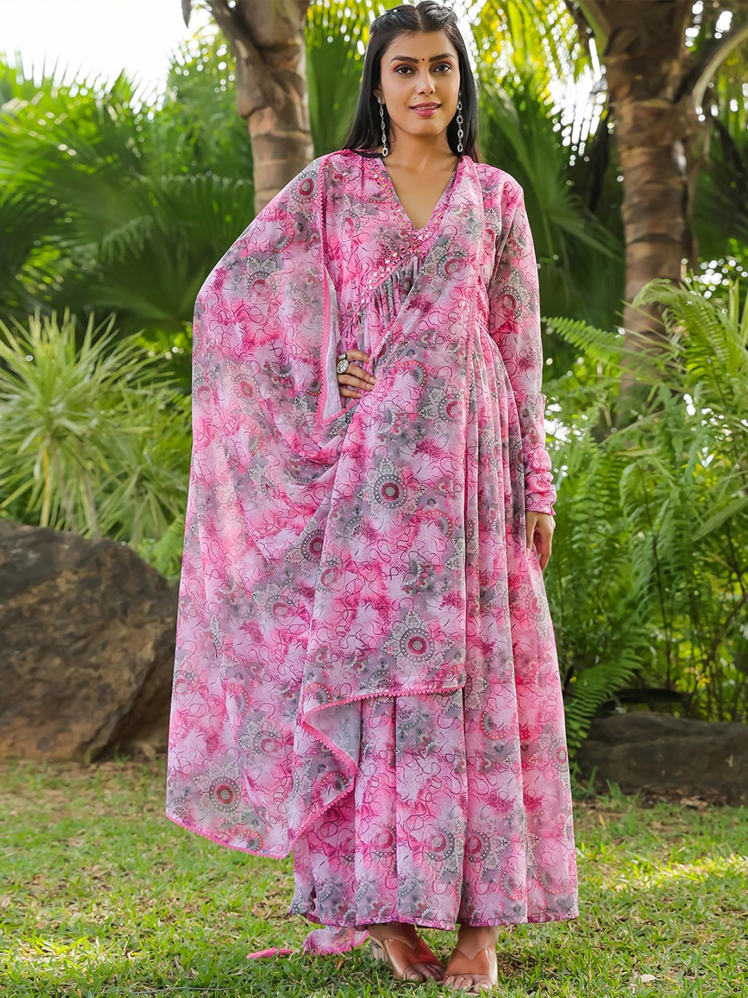 

ODETTE Floral Printed Georgette Anarkali Kurta With Duppatta, Pink