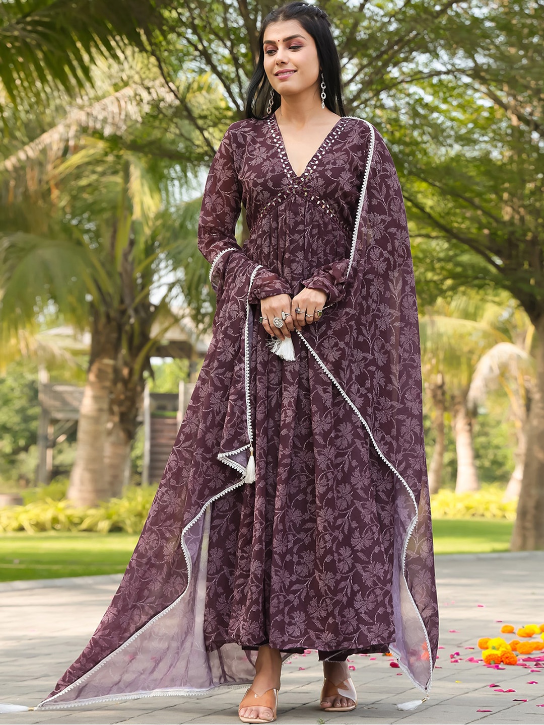

ODETTE Embroidered Floral Printed Georgette Anarkali Kurta With Duppatta, Brown