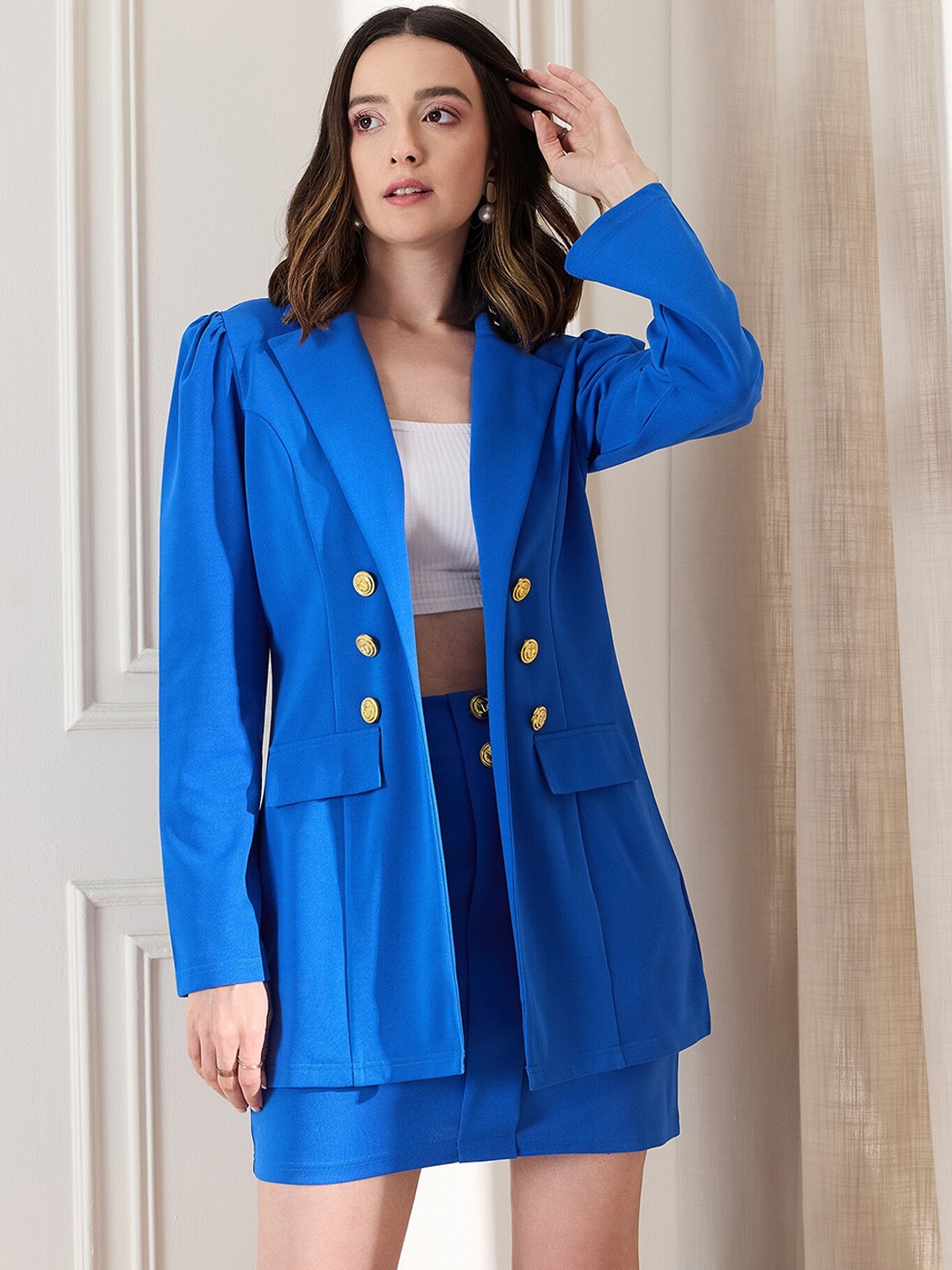 

Berrylush BIZwear Notched Lapel Collar Blazer With Skirt, Blue