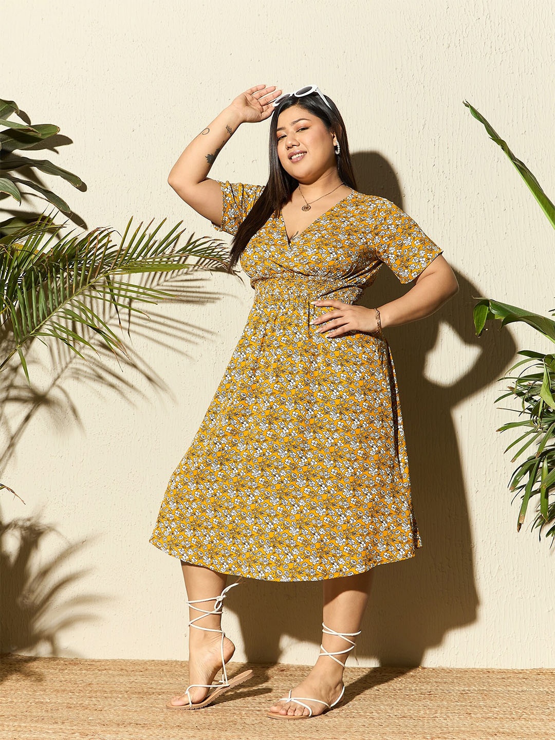 

Berrylush Curve Plus Size Floral Printed V-Neck Fit & Flare Midi Dress, Mustard