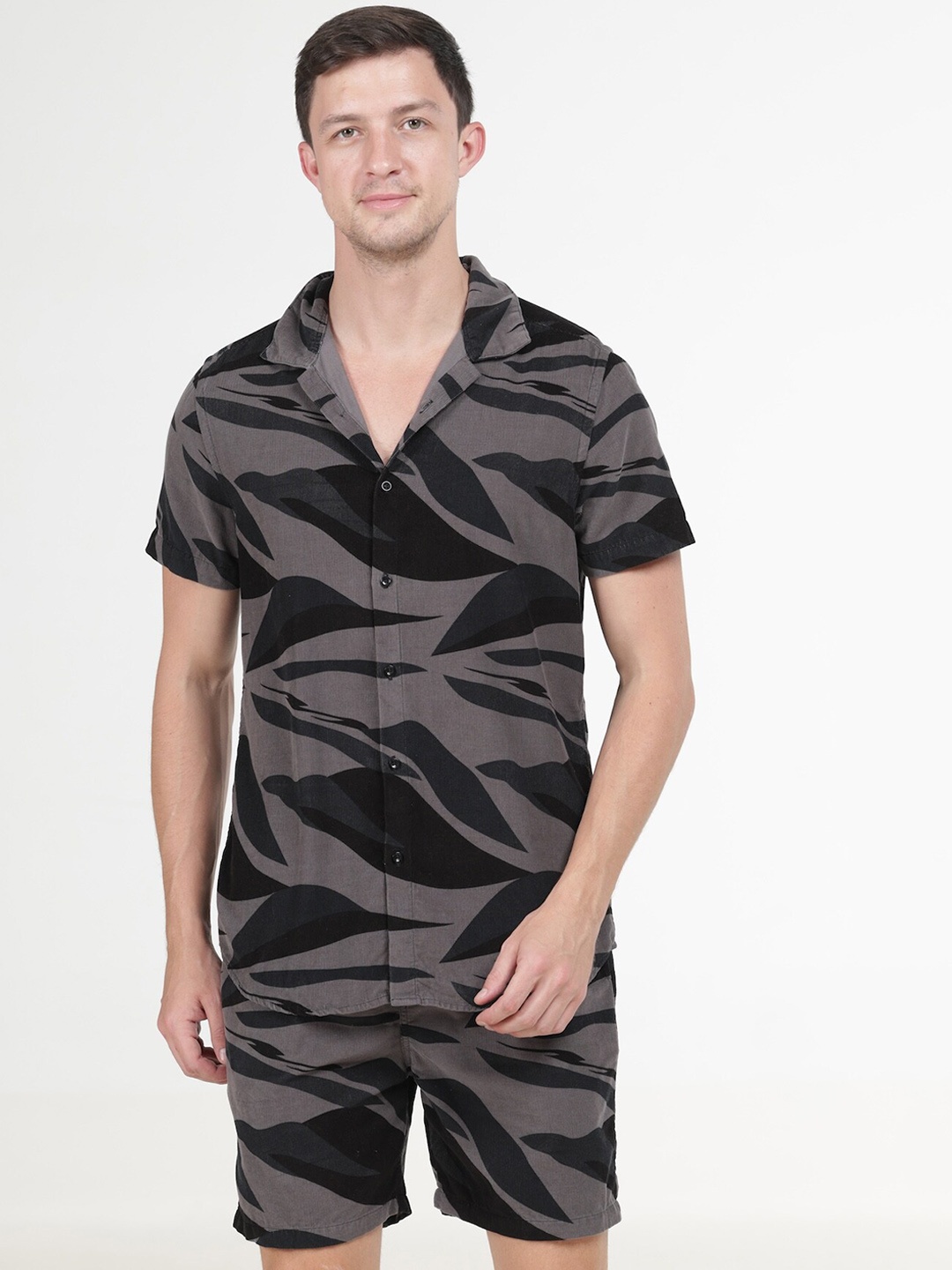 

POE Printed Pure Cotton Shirt & Shorts, Grey