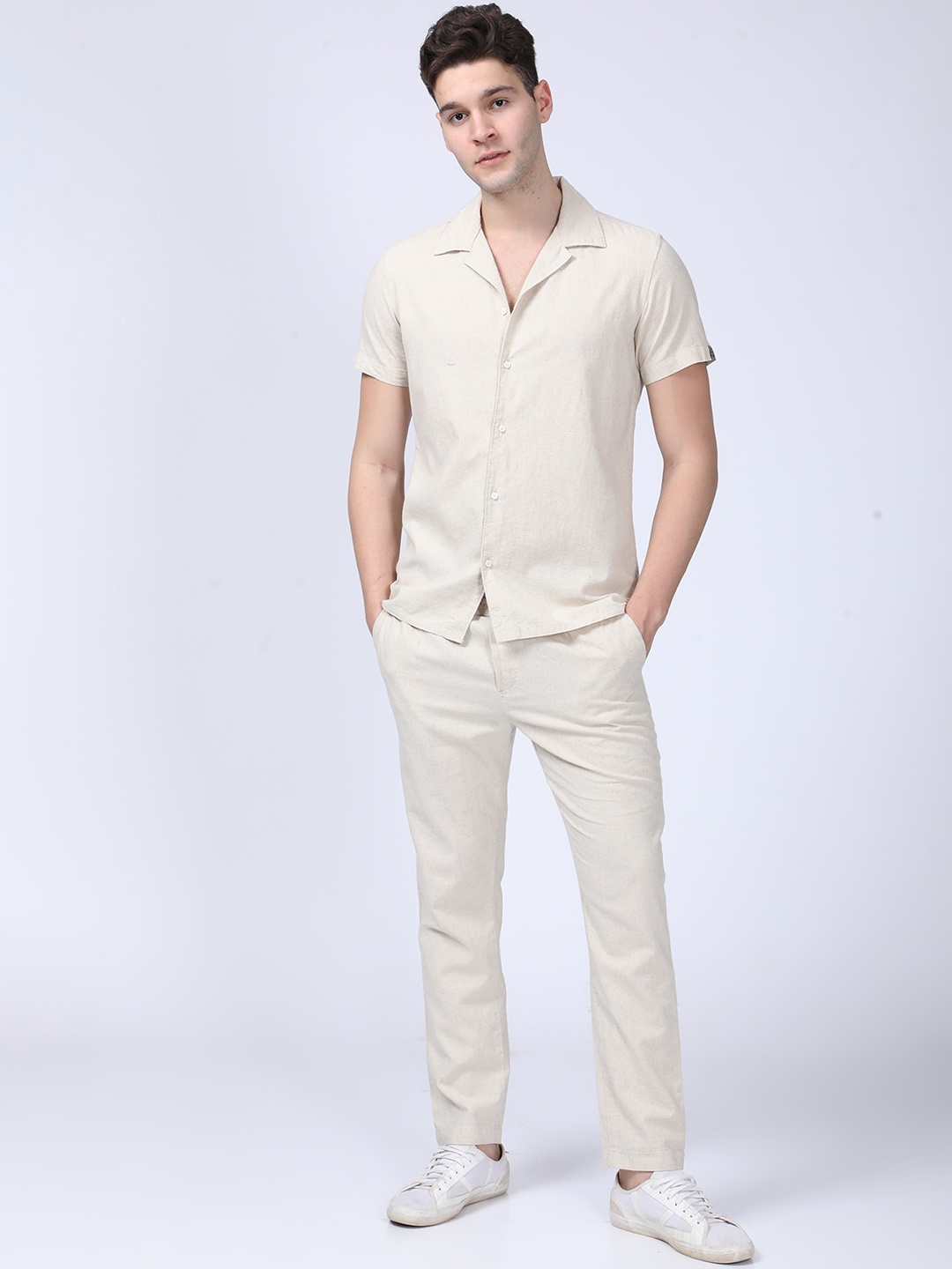 

POE Slim-Fit Cotton Linen Shirt With Trousers, Beige