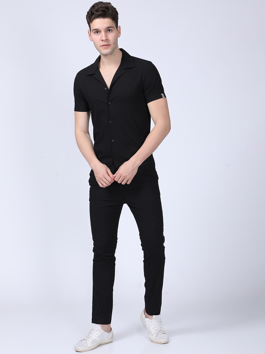 

POE Cuban Collar Cotton Linen Shirt With Trouser, Black