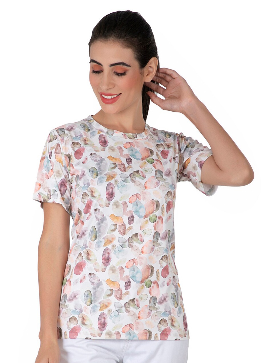 

BAESD Abstract Printed Round Neck Casual T-shirt, White