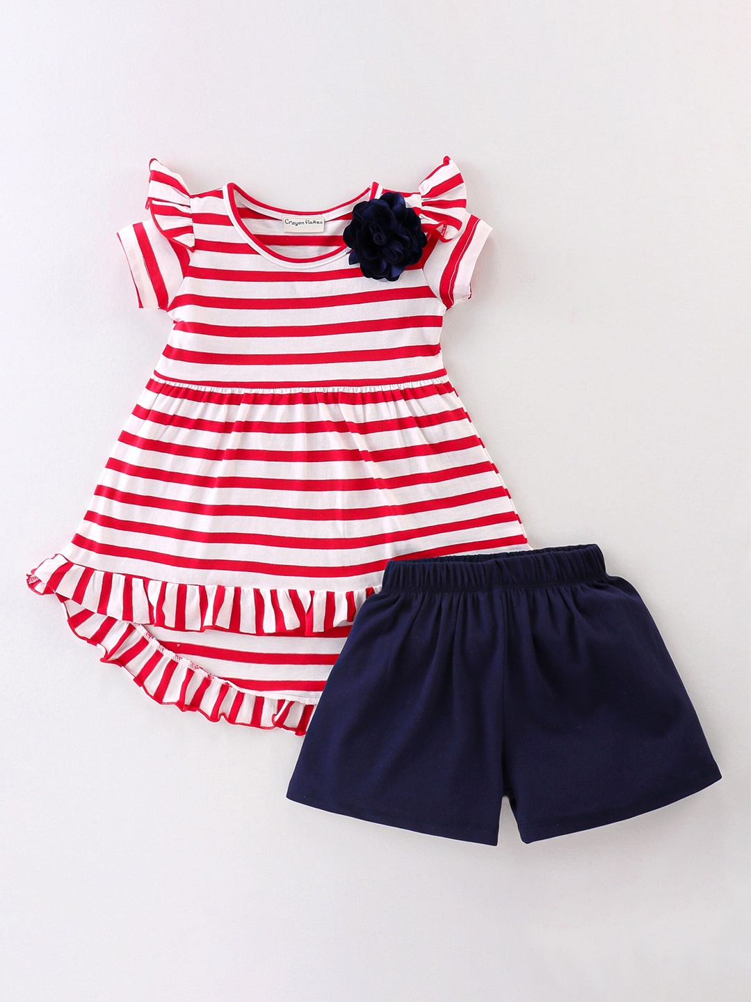 

CrayonFlakes Girls Striped Round Neck Short Puff Sleeves Cotton Top with Shorts, Red