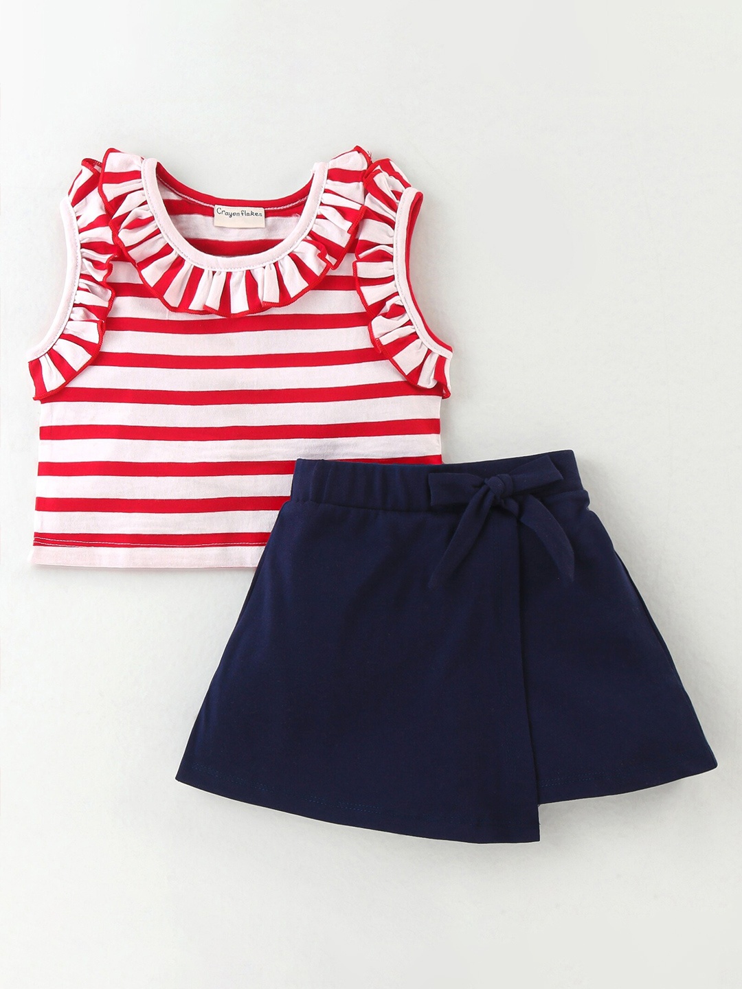 

CrayonFlakes Girls Striped Round Neck Sleeveless Pure Cotton Top with Shorts, Red