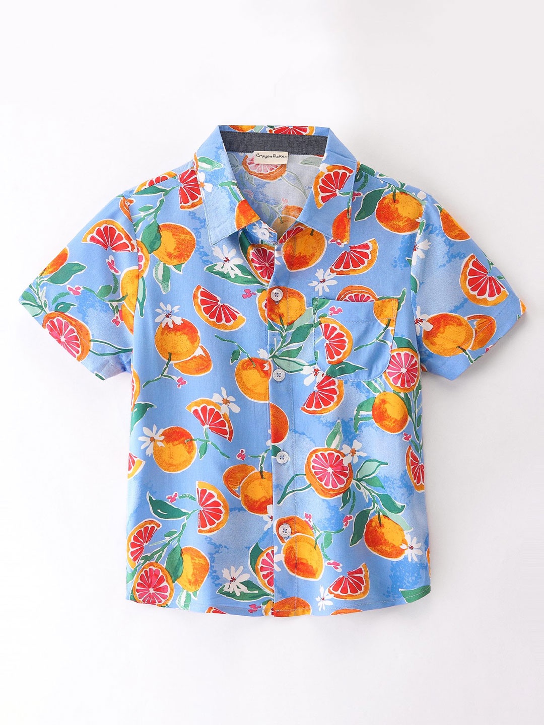 

CrayonFlakes Boys Spread Collar Short Sleeves Floral Printed Regular Fit Shirt, Blue