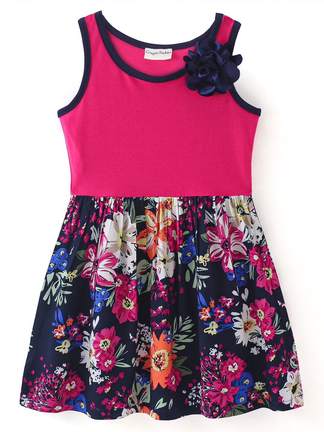 

CrayonFlakes Girls Floral Printed Round Neck Fit & Flare Dress, Pink