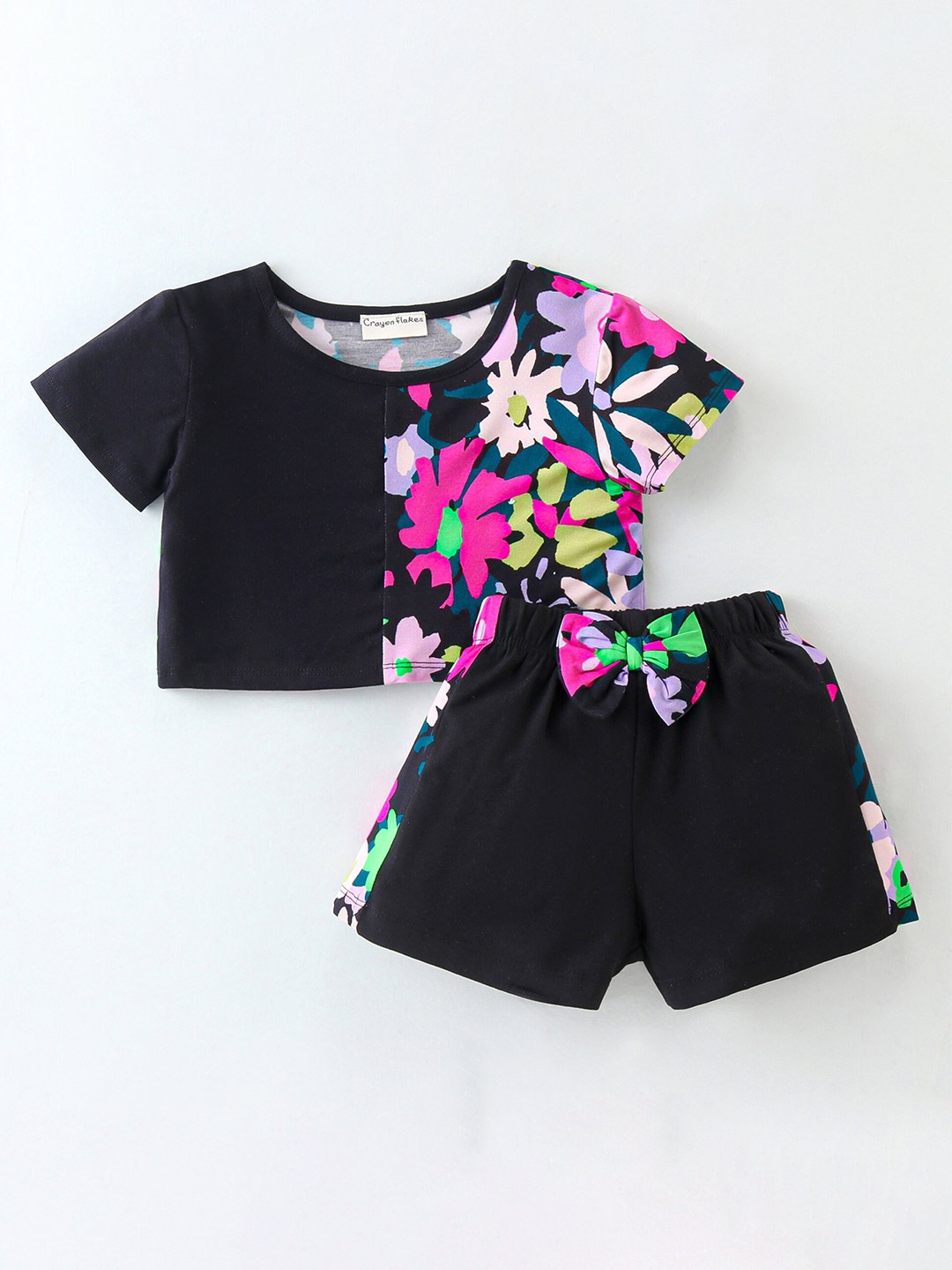 

CrayonFlakes Girls Printed Top With Shorts, Black