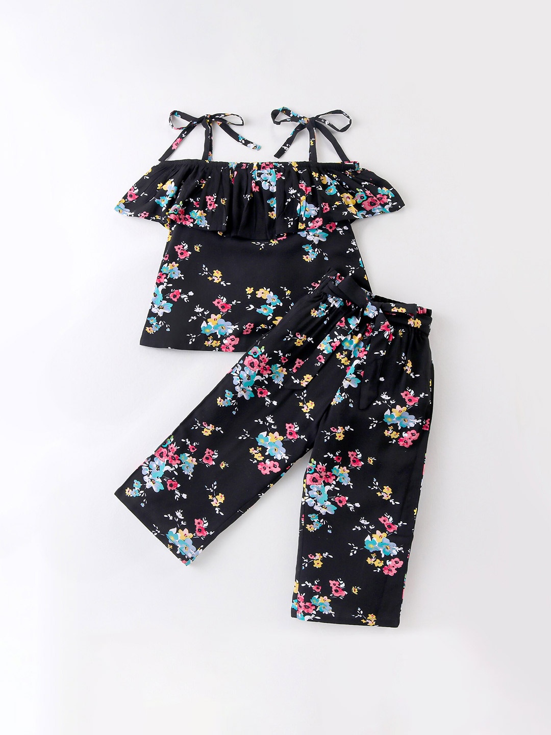 

CrayonFlakes Girls Floral Printed Off-Shoulder Top with Palazzos, Black