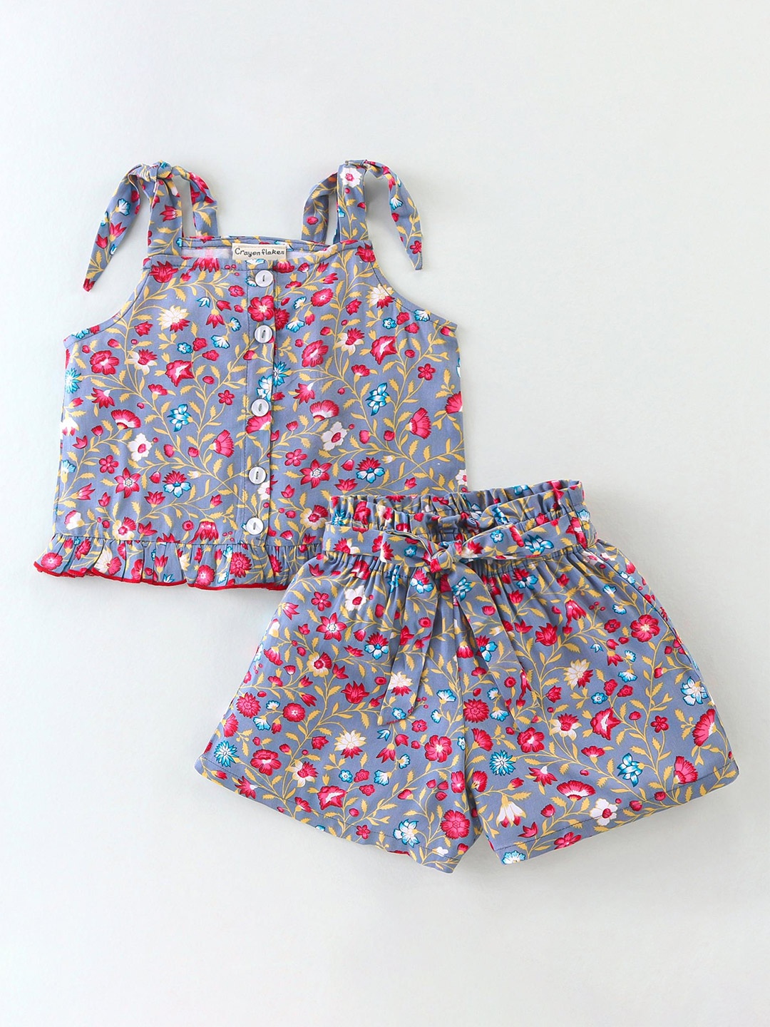

CrayonFlakes Girls Floral Printed Square Neck Sleeveless Top with Shorts, Grey