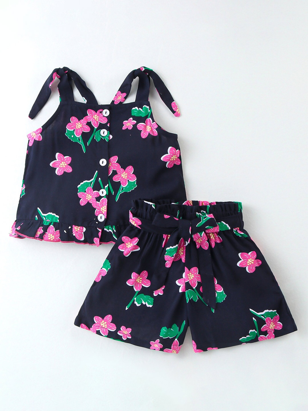 

CrayonFlakes Girls Floral Printed Square Neck Sleeveless Top with Shorts, Navy blue