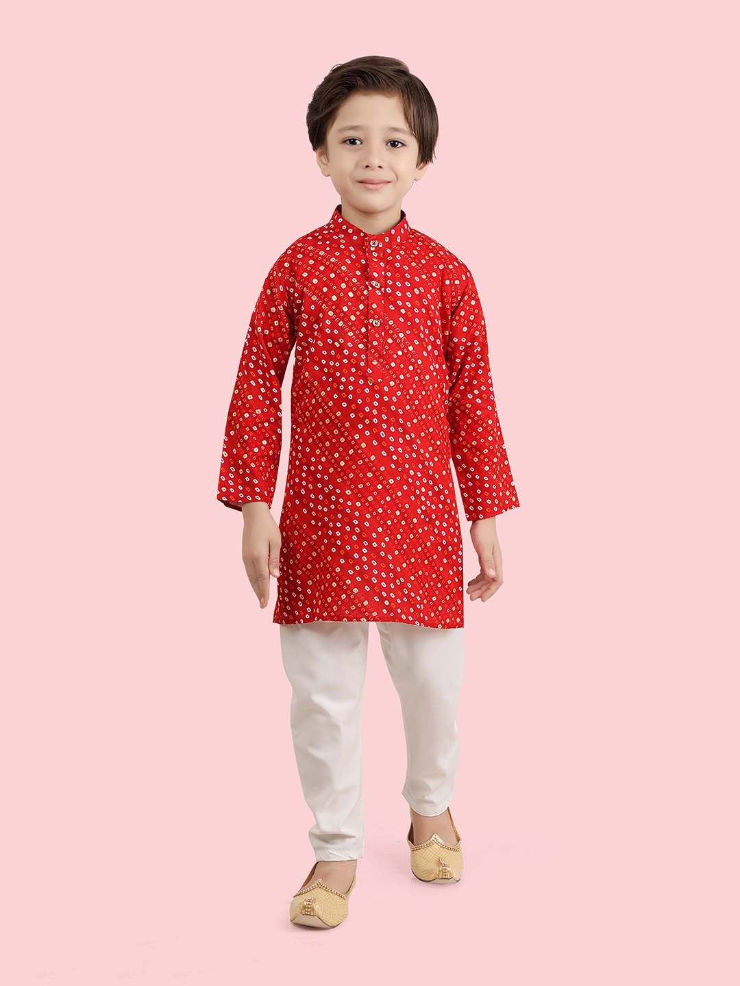 

Ethniks Neu-Ron Boys Cotton Bandhani Print Long Sleeve Kurta Set, Red