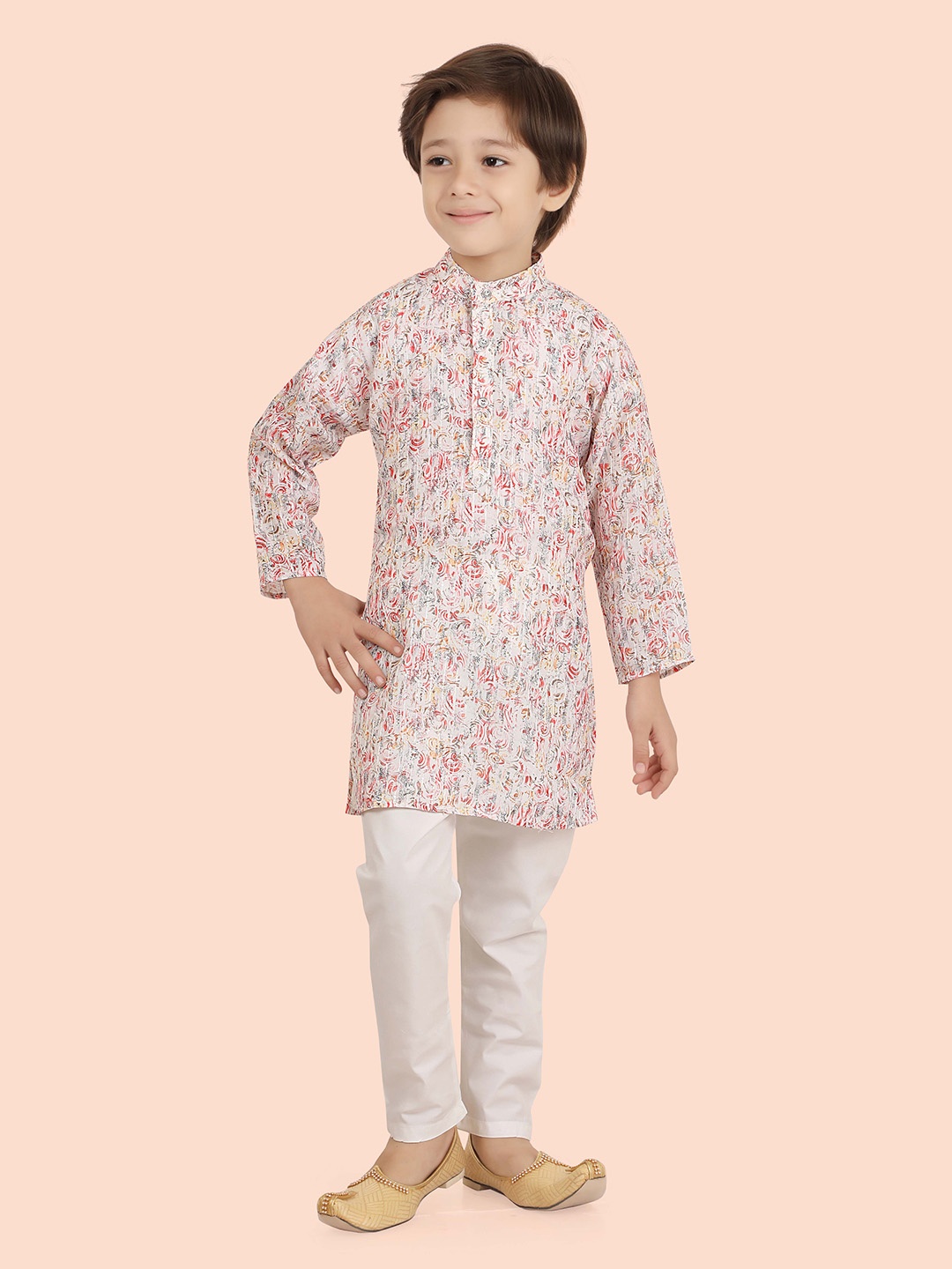 

Ethniks Neu-Ron Boys Cotton Sequence Printed Mandarin Collar Kurta Set, White