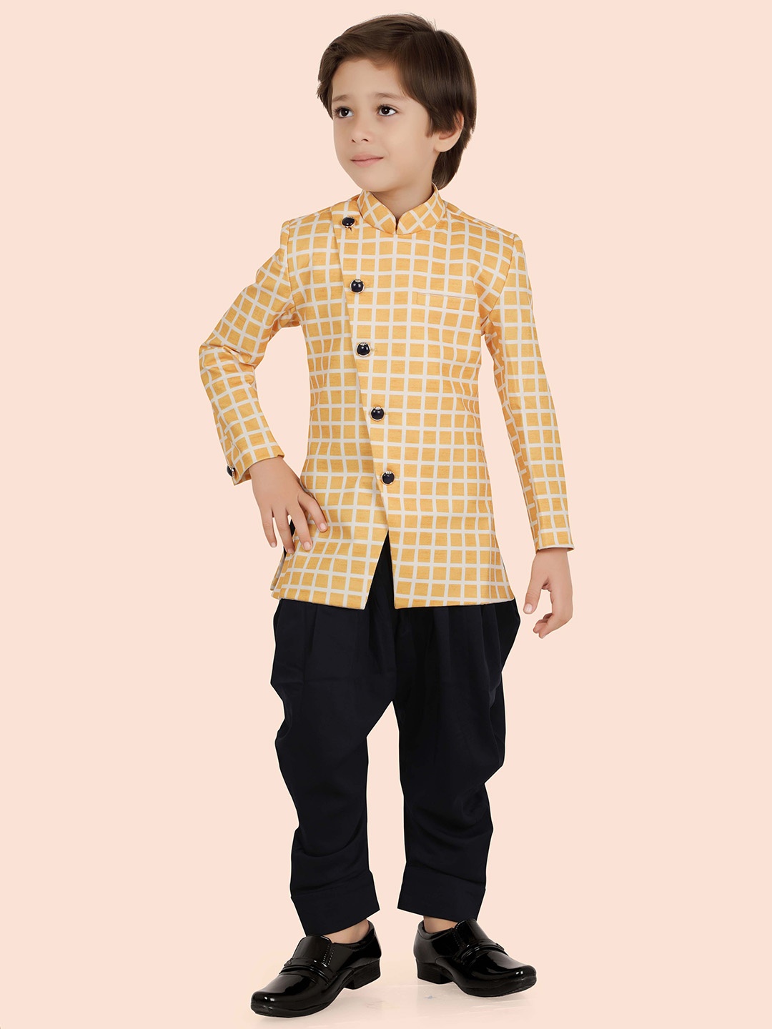 

Ethniks Neu-Ron Boys Cotton Checked Printed Kurta with Pant Style Pyjamas, Gold