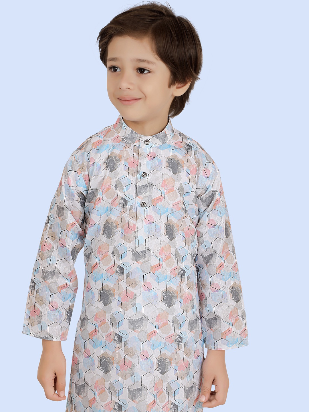 

Ethniks Neu-Ron Geometric Cotton Printed Long Sleeve Kurta & Pant style Pyjama Set, Blue