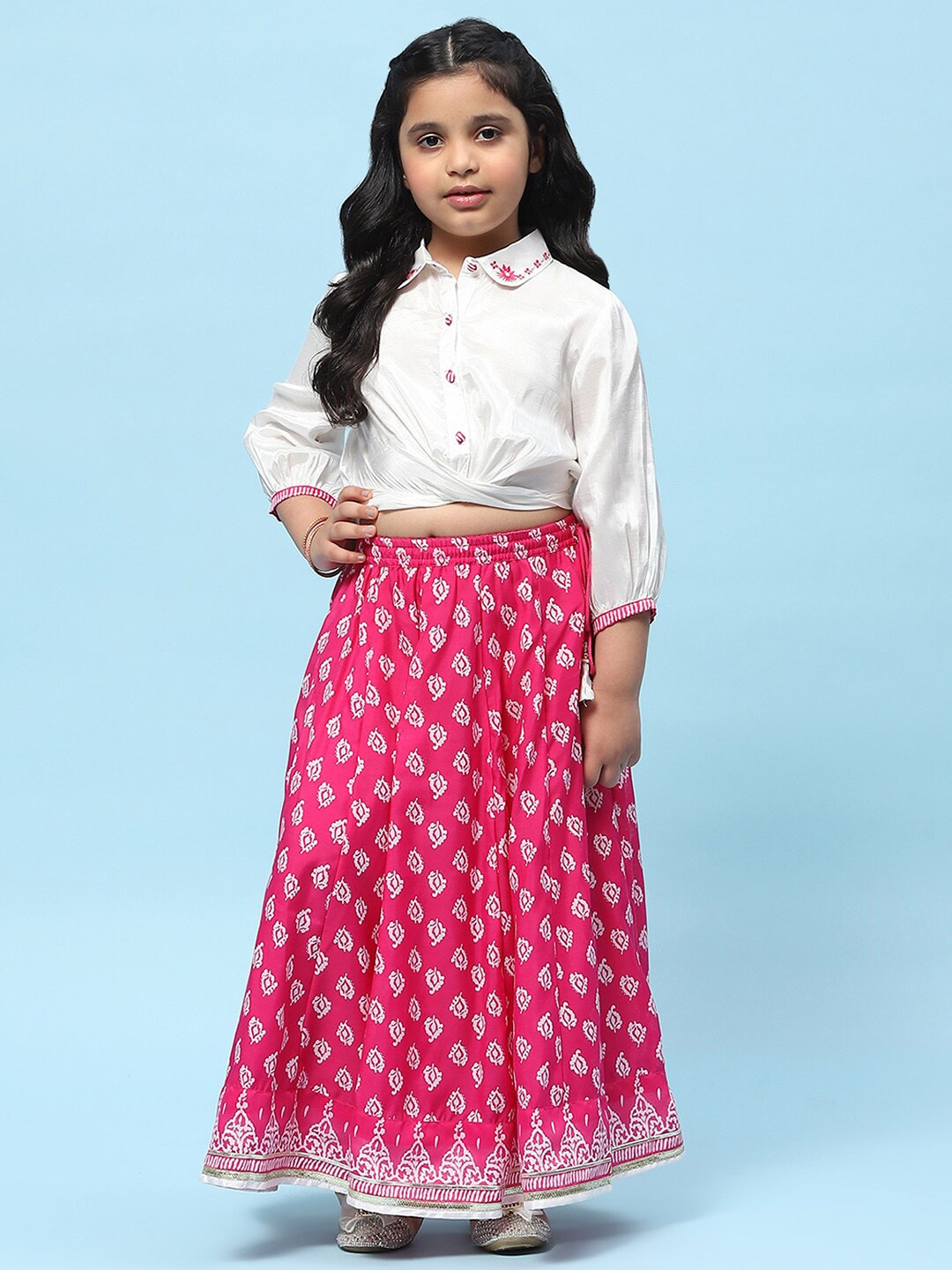 

Biba Girls Puffed Sleeves Printed Ready to Wear Lehenga & Blouse, White