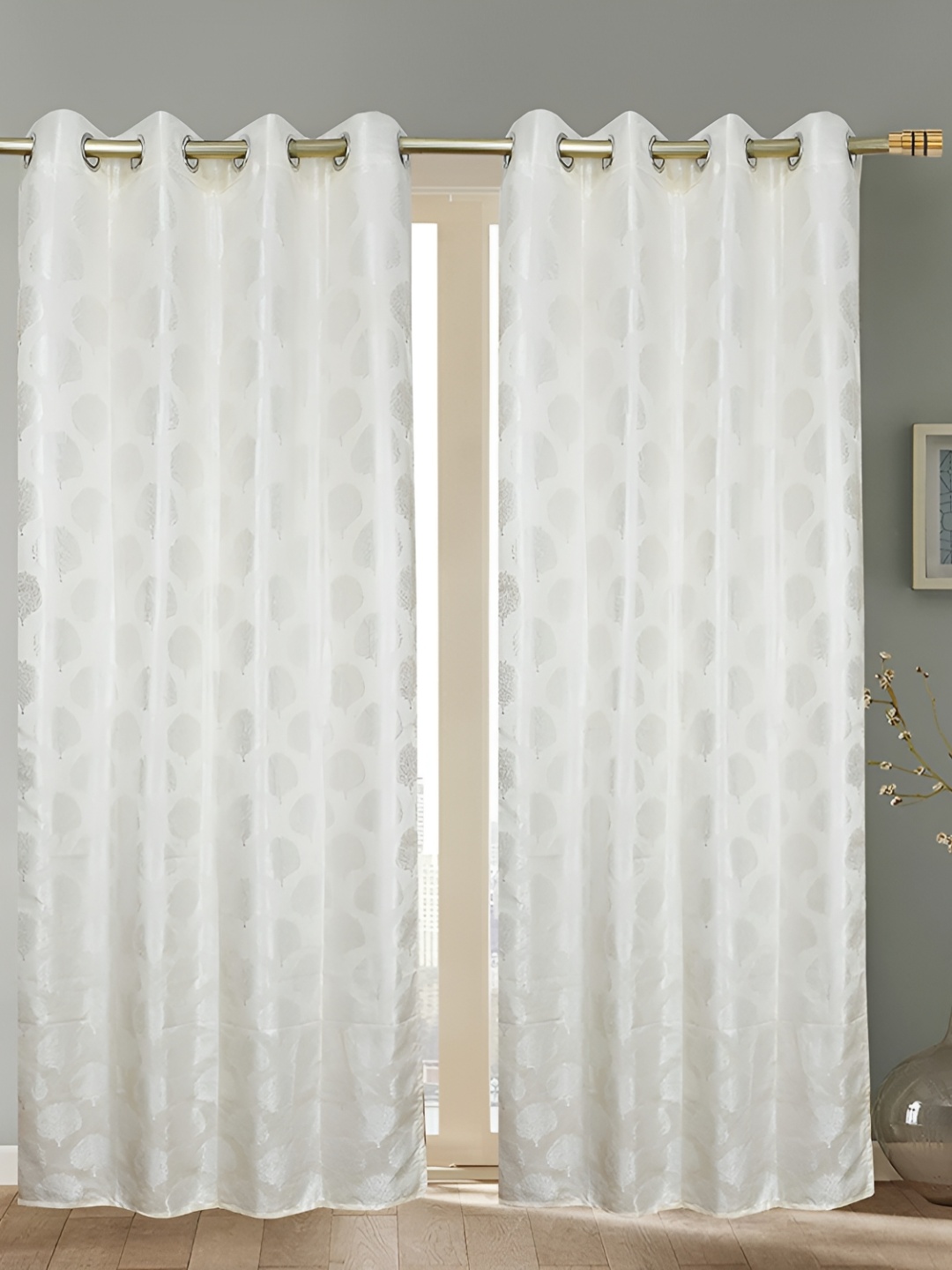

RIDHAAN Cream & Brown 2 Pieces Floral Room Darkening Door Curtains