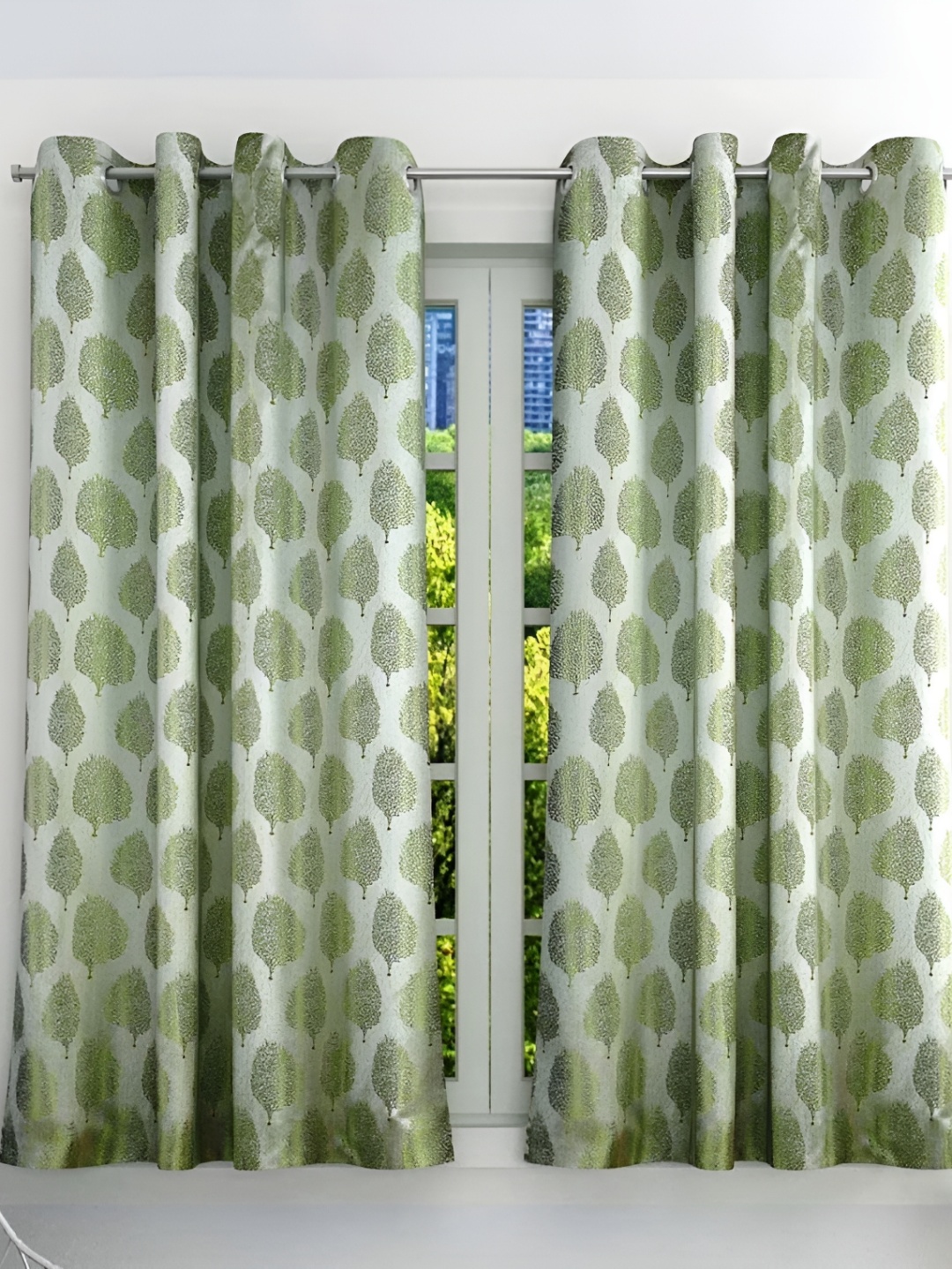 

RIDHAAN Green & White 2 Pieces Floral Jacquard Eyelet Room Darkening Door Curtain